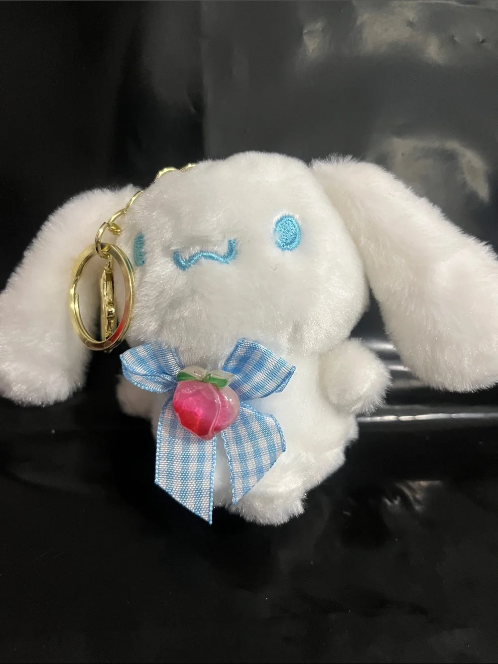 White Plush Bunny Keychain with Blue Bow and Pink Charm